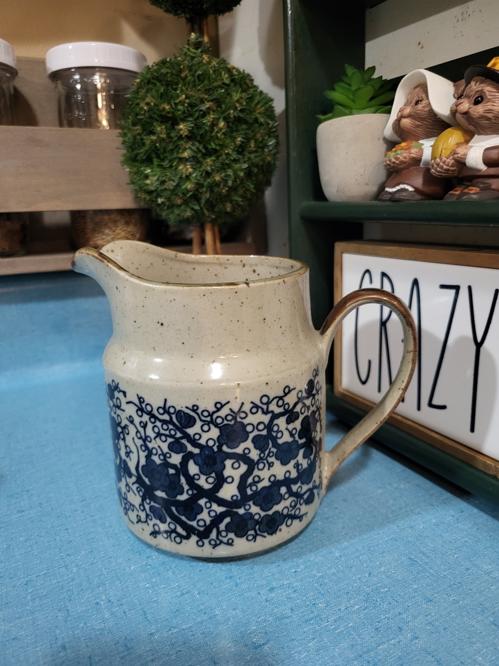 Hand-Painted Floral Ceramic Pitcher in Cream and Blue